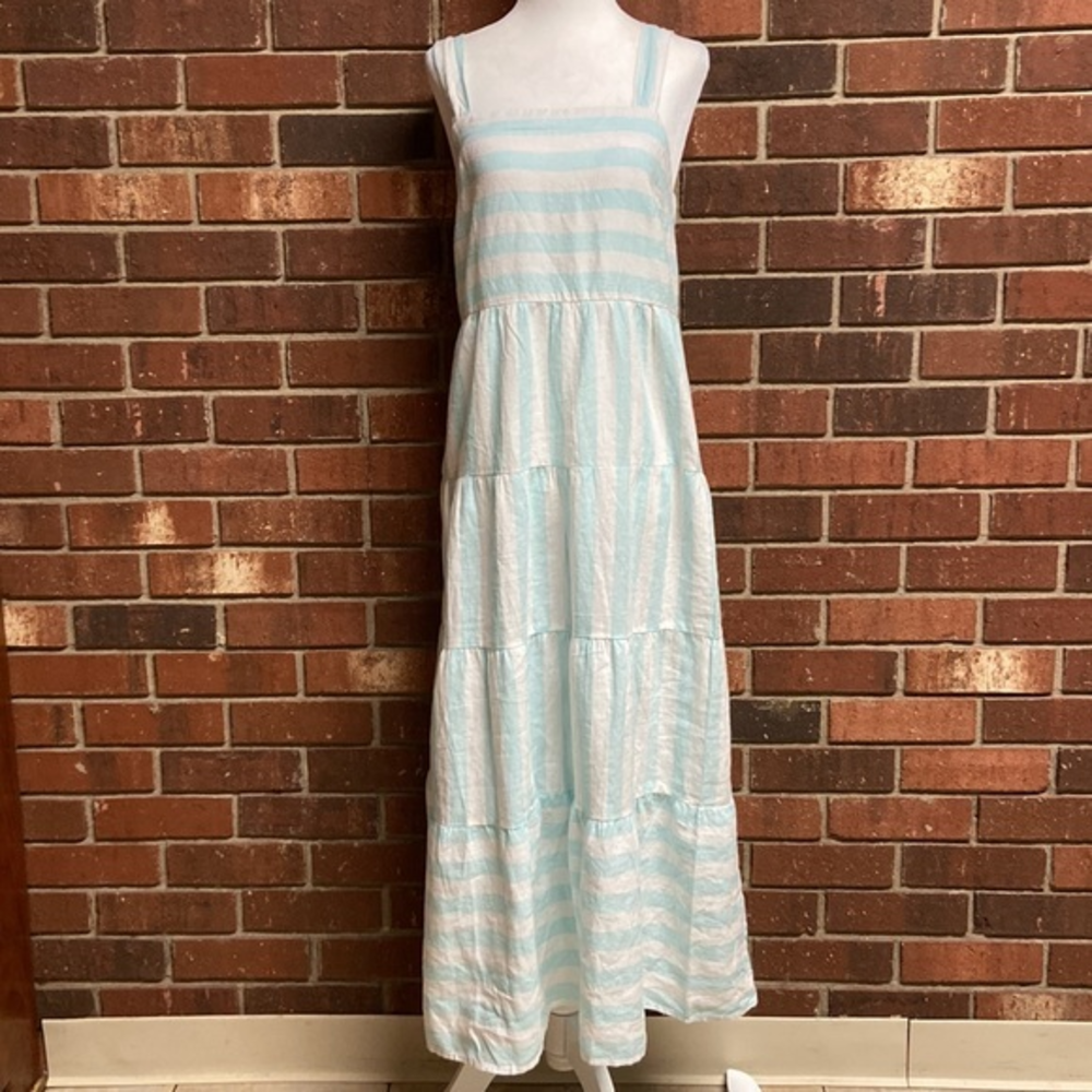 Casa Cabana Linen Blend Aqua Blue and White Striped Maxi Dress Size Small